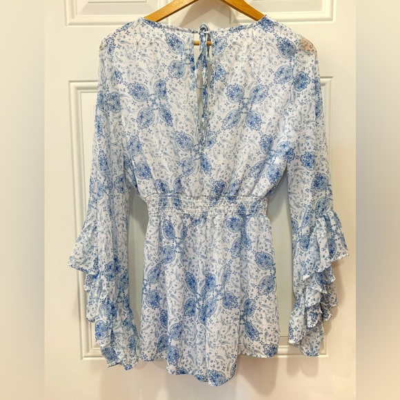 Altar’d State Blue/White Paisley Print Ruffled Bell Sleeve Romper in Size S - Picture 3 of 13